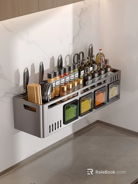 Wall Mounted Kitchen Storage Rack With Knives Spice Bottles And Seasoning Containers 3d model 