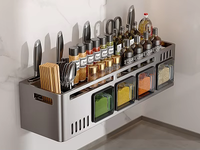 Wall Mounted Kitchen Storage Rack With Knives Spice Bottles And Seasoning Containers 3d model
