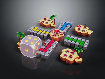 Cartoon Scene With Colorful Building Blocks Dice Islands And Palm Trees 3d model