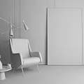 Light Gray Leather Single Sofa With Modern Floor Lamp Abstract Painting And Side Table