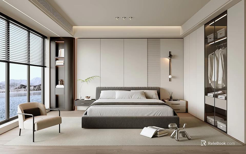 Elegant Modern Bedroom Interior Design With Large Window Gray Bed Wardrobe And Chair 3d model 