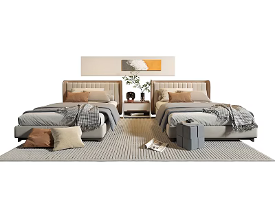 Two Modern Single Beds With Wooden Headboards Gray Bedding Nightstands Plants And Rug 3d model