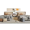 Two Modern Single Beds With Wooden Headboards Gray Bedding Nightstands Plants And Rug