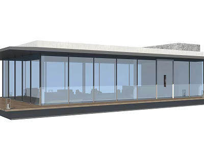 Modern Glass Building Design With Transparent Facade And Wooden Terrace 3d model