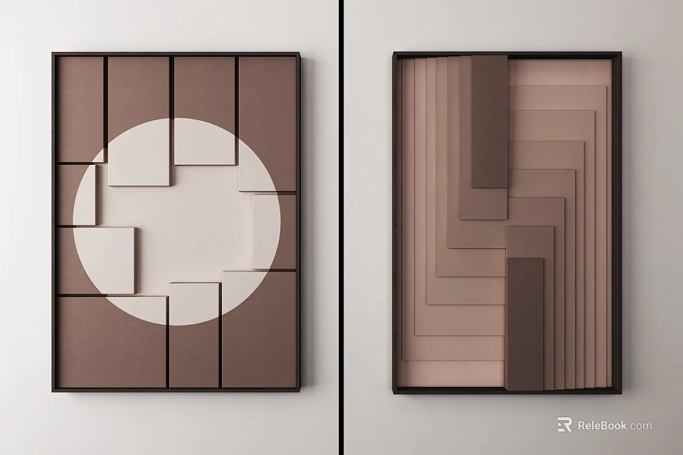Geometric Wall Art With Brown Frames White Circle Squares And Layered Stripes 3d model