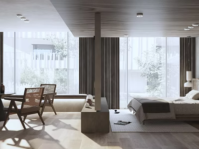 Modern Hotel Room Interior With Large Windows Wooden Ceiling Bed And Natural Light 3d model