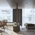 Modern Hotel Room Interior With Large Windows Wooden Ceiling Bed And Natural Light