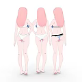 Three Anime Game And Movie Characters With Pink Hair In Swimwear Standing Together