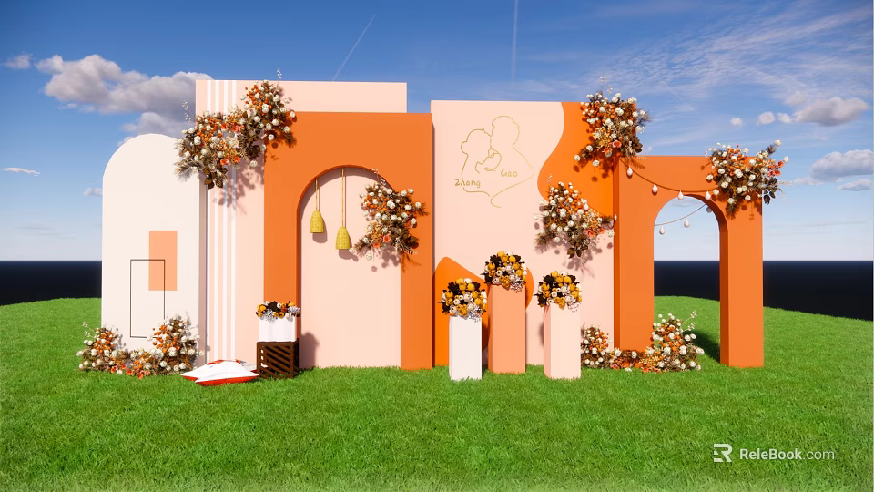Floral Decoration with Hanging Bouquets Standing Columns Daisy Leo Sign Orange Pink Backdrops Green Grassland 3d model 