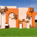 Floral Decoration with Hanging Bouquets Standing Columns Daisy Leo Sign Orange Pink Backdrops Green Grassland