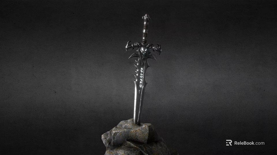 Silver Decorative Sword with Ornate Hilt Embedded in Rock on Dark Background 3d model 