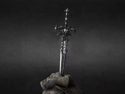 Silver Decorative Sword with Ornate Hilt Embedded in Rock on Dark Background 3d model