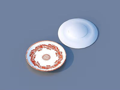 Ceramic Plates With Red Floral Pattern And White Covered Lid Design 3d model