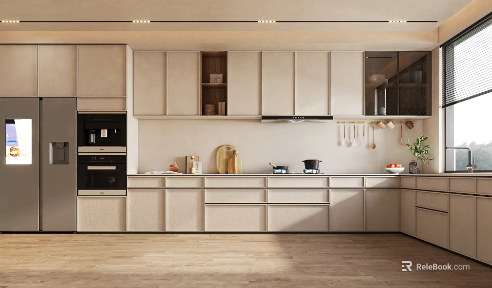 Modern Kitchen Interior With White Cabinets Stainless Steel Appliances Countertop Hanging Utensils And Green Plant 3d model 