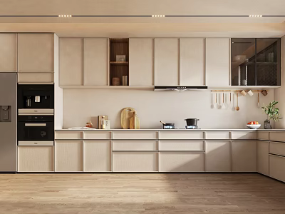 Modern Kitchen Interior With White Cabinets Stainless Steel Appliances Countertop Hanging Utensils And Green Plant 3d model