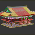 Ancient Traditional Building With Gray Tiled Roof Red Pillars Green Decorations And Stone Platform Base