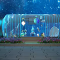 Interactive Zone In Transparent Cylindrical Structure With Starry Sky Background And Decorative Elements 3d model
