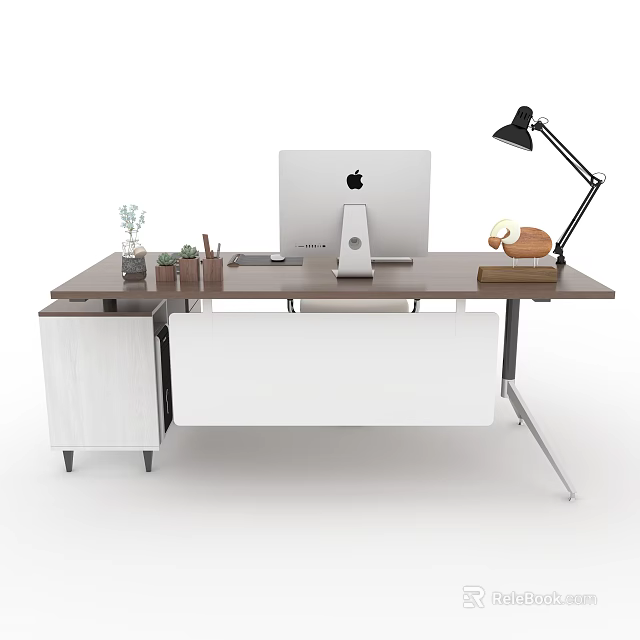 Office Desk With Brown Desktop White Drawers Apple iMac Black Lamp Stationery And Plant 3d model 