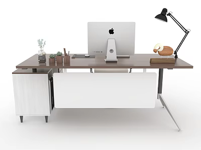 Office Desk With Brown Desktop White Drawers Apple iMac Black Lamp Stationery And Plant 3d model