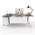 Office Desk With Brown Desktop White Drawers Apple iMac Black Lamp Stationery And Plant