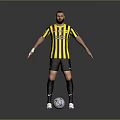Man in Yellow and Black Striped Jersey Standing with Soccer Ball on Gray Background