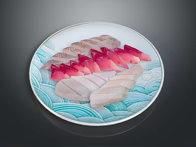 Fresh Fish Sashimi Slices In Various Colors On Blue Wave Patterned Plate 3d model