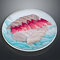 Fresh Fish Sashimi Slices In Various Colors On Blue Wave Patterned Plate 3d model