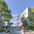 Modern Office Building Exterior With Glass Curtain Wall Trees Balloons And Outdoor Seating