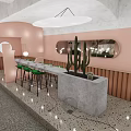Stylish Pink Café Interior With Open Space Round Mirrors Green Chairs And Terrazzo Flooring