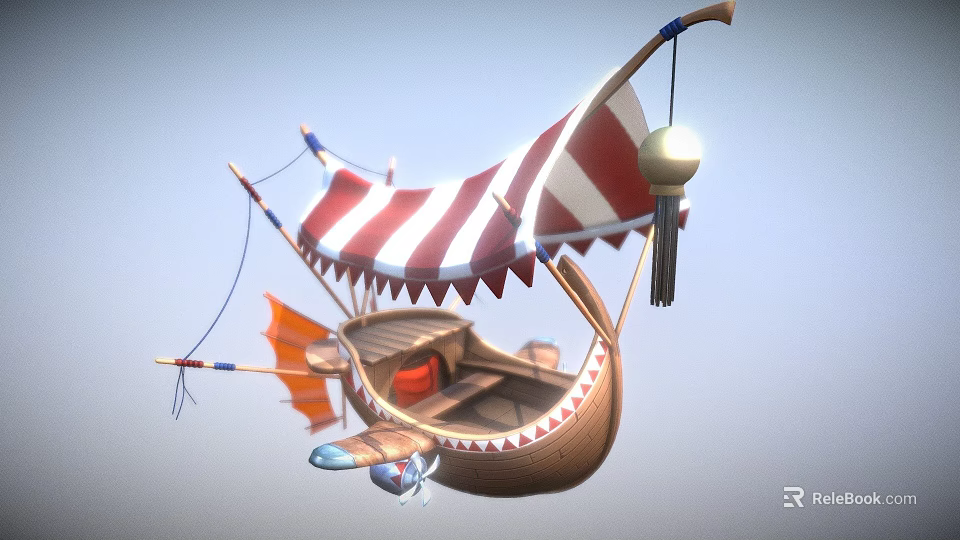 Traditional Wooden Boat With Red And White Striped Canopy Decorative Tassels And Orange Sail 3d model 