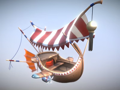 Traditional Wooden Boat With Red And White Striped Canopy Decorative Tassels And Orange Sail 3d model