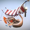 Traditional Wooden Boat With Red And White Striped Canopy Decorative Tassels And Orange Sail