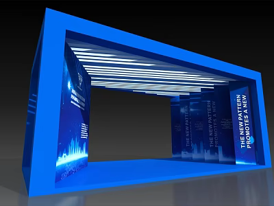 Modern Blue Exhibition Archway With Strip Lights And Digital Content 3d model