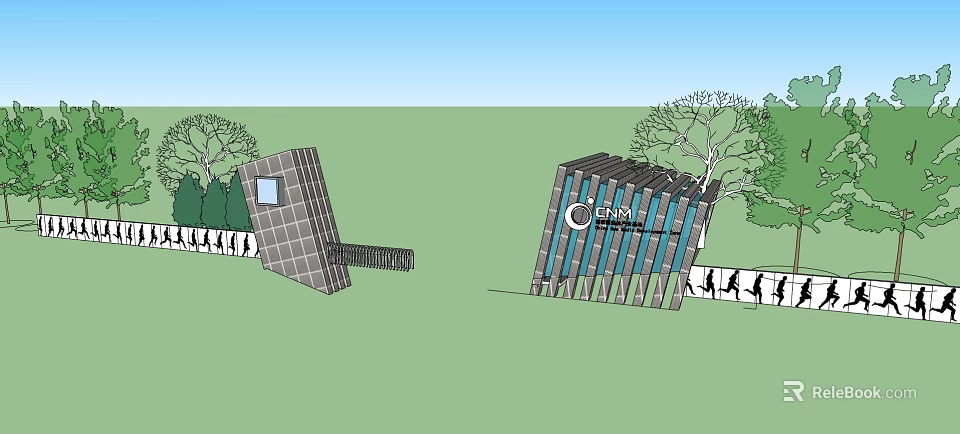 Community Entrance Gates Featuring Gray Grid And Blue Vertical Slats Surrounded By Trees 3d model 