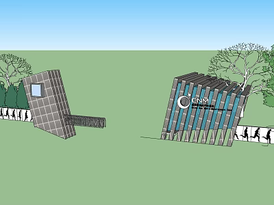 Community Entrance Gates Featuring Gray Grid And Blue Vertical Slats Surrounded By Trees 3d model