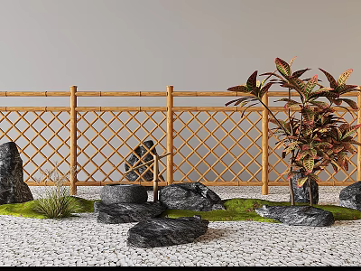 Bamboo Fence In Zen Garden With Rocks And Plants 3d model