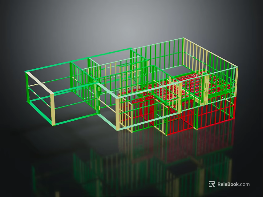Green And Red Metal Frame Fence With Multi Sectional Grid Structure 3D Design 3d model