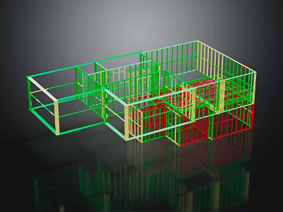 Green And Red Metal Frame Fence With Multi Sectional Grid Structure 3D Design 3d model