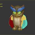 Cute Stylized Owl With Red Purple Feathers And Yellow Eyes Cartoon Design Illustration