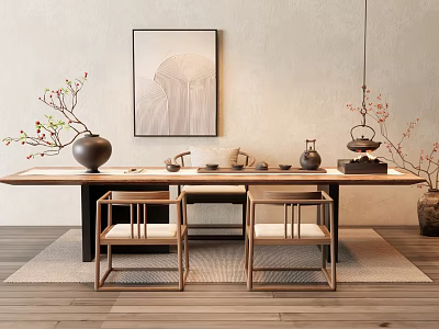 Natural Wooden Tea Table And Chairs With Decorative Painting Vase And Tea Set 3d model