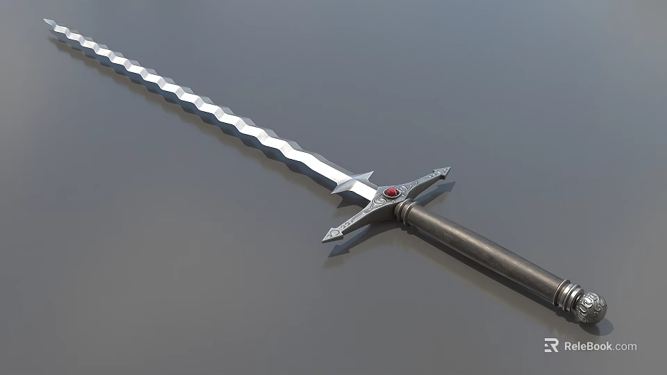 Ornate Medieval Sword With Twisted Blade Metal Hilt And Red Gem Crossguard 3d model 