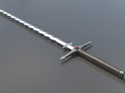 Ornate Medieval Sword With Twisted Blade Metal Hilt And Red Gem Crossguard 3d model
