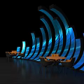 Elegant Curved Structure With Blue LED Lighting And Modern Seating Arrangement