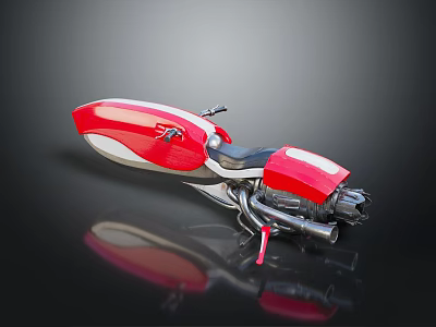 Futuristic Red White Space Themed Motorcycle Streamlined Design Black Seat Metallic Exhaust Black Background Reflection 3d model