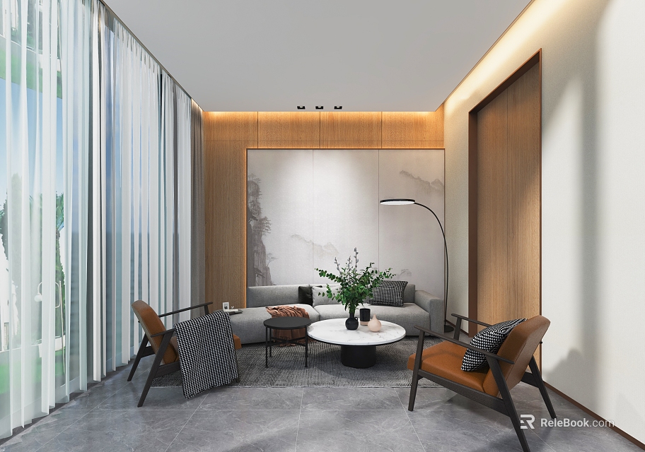 Modern Lounge Area With White Curtains Wooden Wall Gray Sofa Green Plant And Floor Lamp 3d model 