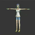 Anime Style 3D Female Character With Purple Hair White Tank Top Blue Denim Shorts And Brown Sandals