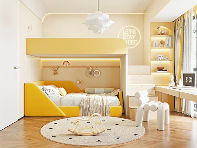 Cozy Kids Room Interior Design With Yellow Bunk Bed Neon Sign And Wooden Rocking Horse 3d model