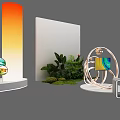 Modern E-commerce Exhibition Booth With Circular Display Colorful Screen Green Plants And Orange Gradient Pillar