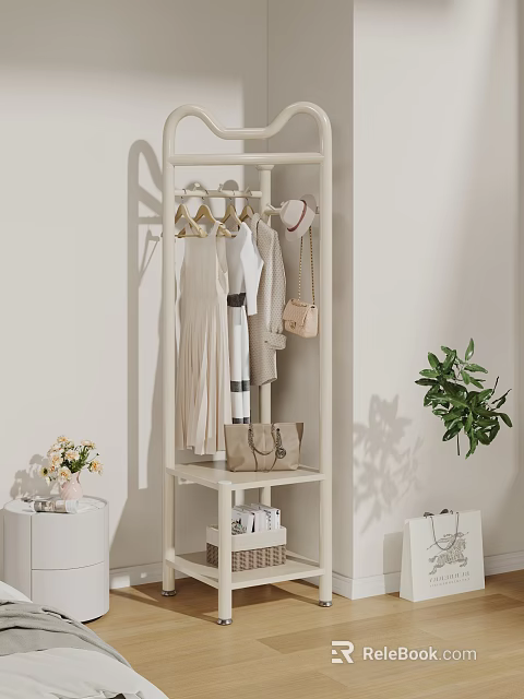 Stylish Clothes Rack With Hanging Clothes Hat Bags And Shelf Items 3d model 