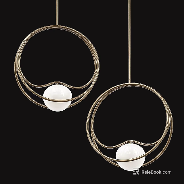 Two Modern Pendant Lights with Metal Ring Frames and White Spherical Shades 3d model